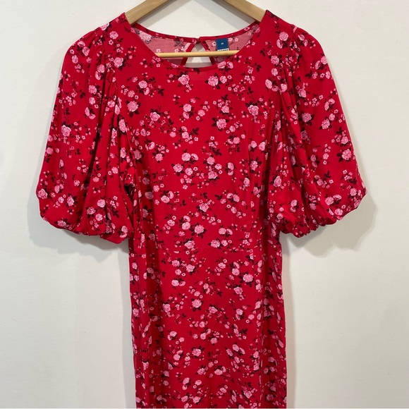 Old Navy Cut Out Back Floral Summer Red Puff Sleeves Crew Neck Midi Dress Size M - Picture 5 of 10